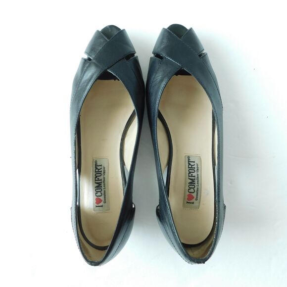 I LOVE COMFORT Shoes VINTAGE Womens 7.5 Black Leather Heels Pumps, Open Toe EUC - Picture 13 of 16